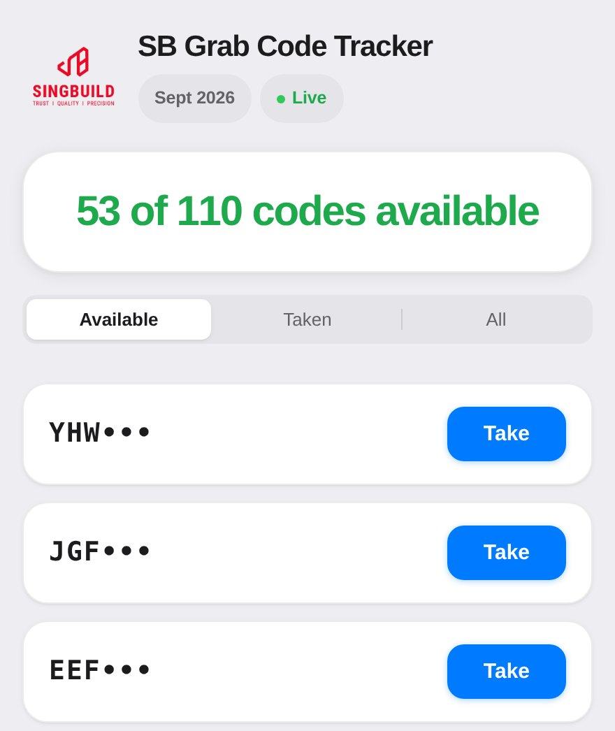 SB Grab Code Tracker screen showing 53 of 110 ride codes still available
